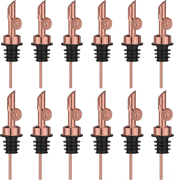 Auto Flip Liquor Pour Spouts 12-Pack, Leak-Proof 304 Stainless Steel Wine Pourer & Olive Oil Dispenser with Food-Grade Silicone for Kitchen, Bar, Restaurant (Goldrose)