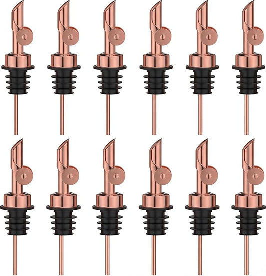 Auto Flip Liquor Pour Spouts 12-Pack, Leak-Proof 304 Stainless Steel Wine Pourer & Olive Oil Dispenser with Food-Grade Silicone for Kitchen, Bar, Restaurant (Goldrose)