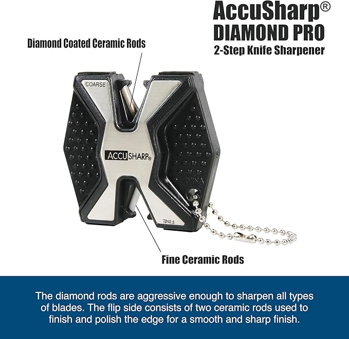 AccuSharp Diamond Pro 2-Step Knife Sharpener, Restores, Hones & Sharpens Blade’s Edge, 2-Step Coarse & Fine Rods for Kitchen Knives & All Types of Blades, Compact & Portable Knife Keychain Tool, Black
