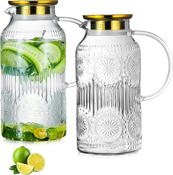 Glass Pitcher with Lid and Handle, 2 PACK 68 oz/2 Liter Vintage Embossed Sun Flower Water Pitcher, Clear Borosilicate Glass Water Carafe for Cold Brew, Iced Sun Tea,Beverage, Heat Resistant