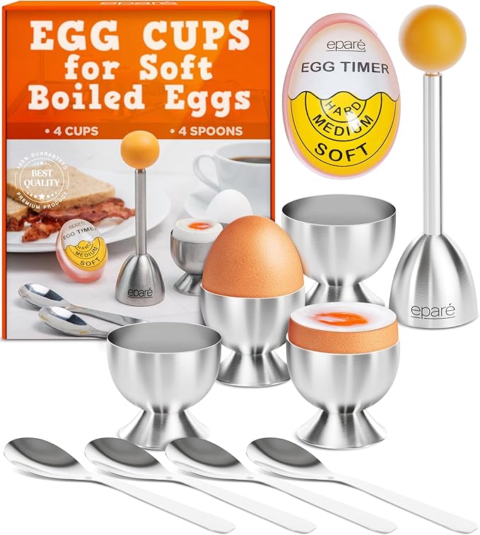 Eparé Egg Cups for Soft Boiled Eggs with Spoons & Egg Timer - Stainless Steel Egg Topper - Durable Egg Opener Topper Cutter - Giftable Egg Cracker Tool for English Breakfast