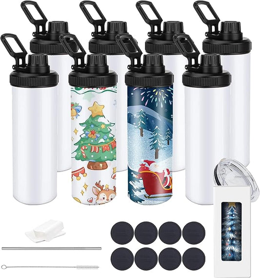 20oz sublimation sport tumblers blanks with two lids ，flat edge sublimation tumblers，double wall stainless steel insulted cup，for Heat Transfer, White (8, with spout lid)