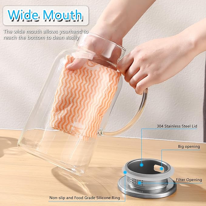 2Pack 68 oz Glass Pitcher With Lid. Glass Carafe for Hot/Cold Water. 0.5 Gallon Pitcher for Fridge. Water Jugs for Cold Brew Coffee, Iced Tea, Milk, Sun Tea Jar
