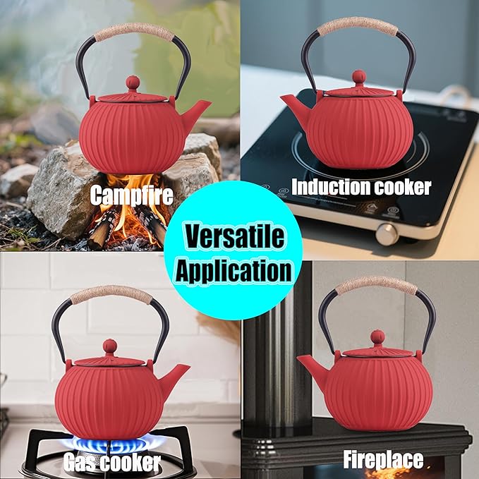 Cast Iron Teapot - Japanese Tetsubin 34oz (1000ml) Enamel Coated Interior with Removable Stainless Steel Infuser, Stovetop Safe Tea Kettle for Tea Ceremony, Red