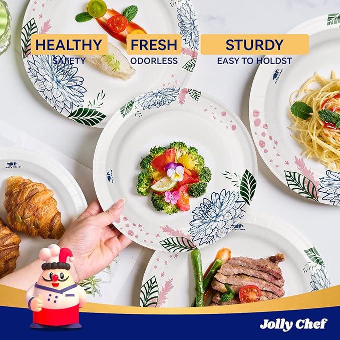 JOLLY CHEF 280 Count Paper Plates 8.37 inch Soak Proof, Cut Proof, Heavy Duty Flower Printed Disposable Paper Plates for Everyday Use, Thanksgiving, Christmas Day