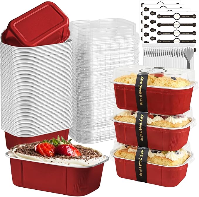Mini Cake Pans With Lids And Spoons,5.5 oz Rectangle Mini individual Loaf Pans Disposable Aluminum Foil Small Baking Cups Tins (100, Red)