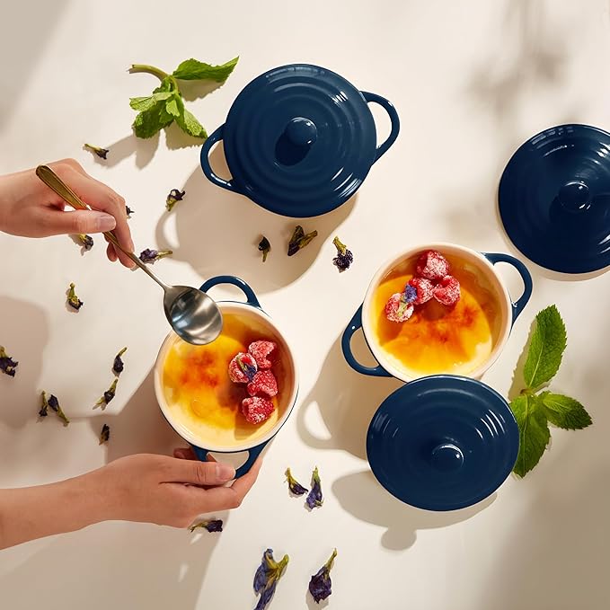 Kook Ceramic Mini Cocotte Set, Small Casserole Dishes with Lids and Handles, Individual Baking Ramekins, Oven safe 350F, Microwave & Dishwasher Safe, Stoneware, 12 oz, Set of 4, (Navy)