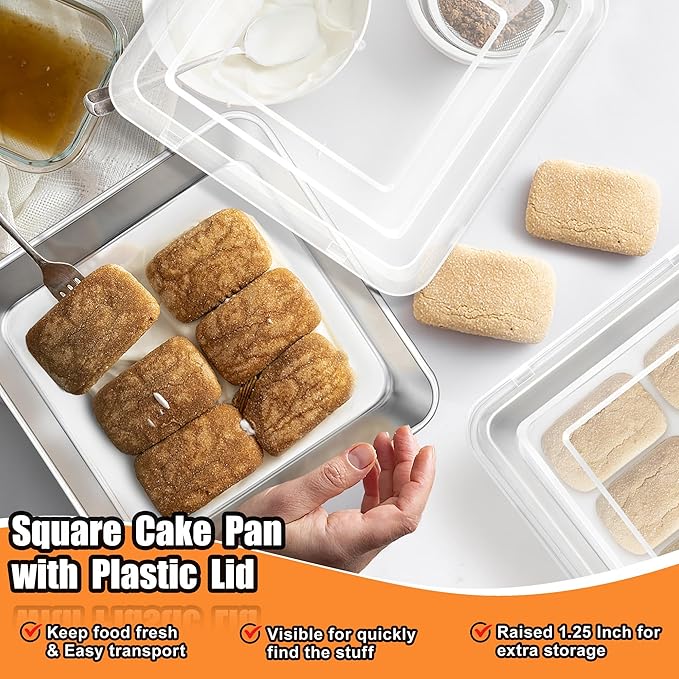TeamFar 9 x 9 Inch Square Cake Pan, Stainless Steel Square Baking Pan with Lid for Brownie Lasagna, Non-Toxic & Heavy Duty, One Piece & Smooth, Dishwasher Safe & Easy Clean, (1 Pan + 1 Lid)