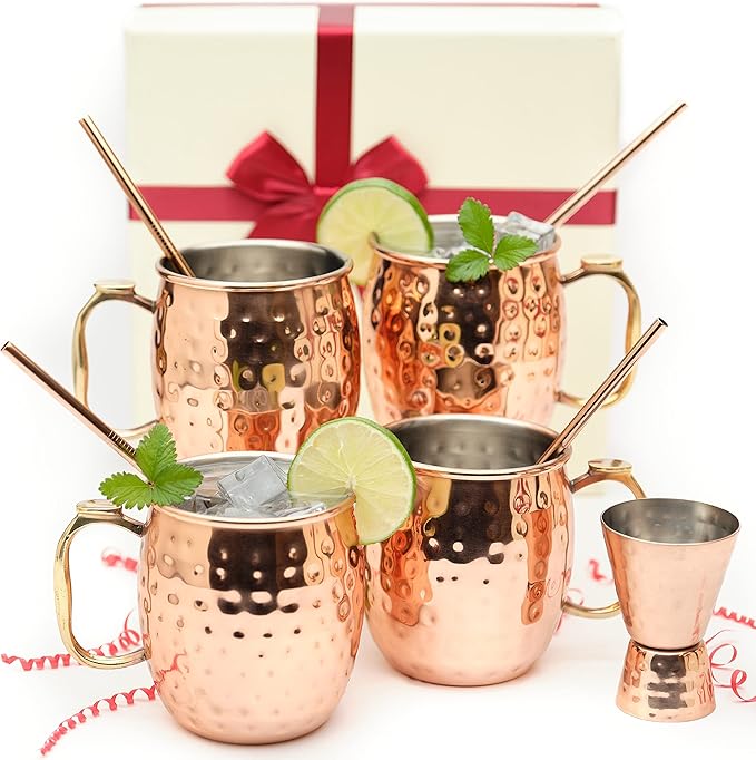 Copper Moscow Mule Mug Gift Set – 4 Tarnish-Resistant 19 oz Mugs with Stainless Steel Interior, 4 Straws & Jigger – Ideal for Cocktails, Bars & Gifts