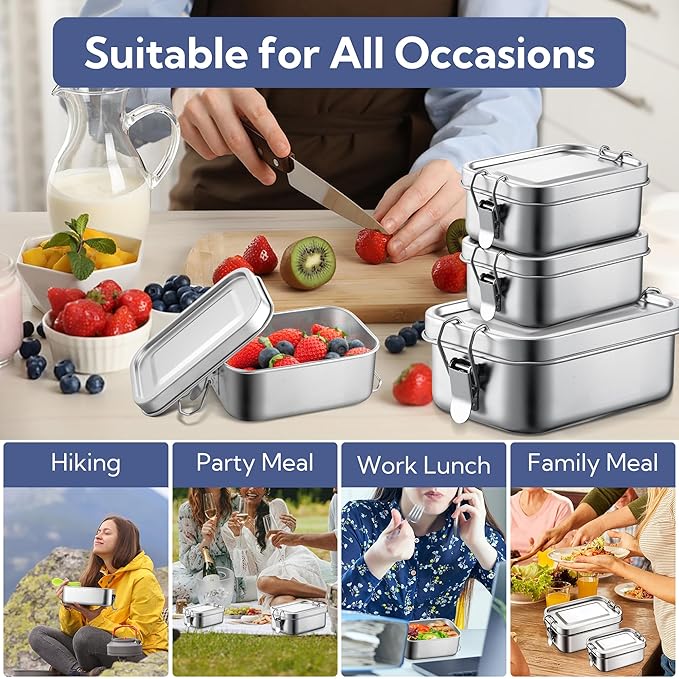 E-far Stainless Steel Bento Box, Large 2400ml Metal Lunch Box, 81oz Leak-Proof Lunch Food Container with Lids and Divider, Reusable Meal Storage for Camping Picnic Travel Work