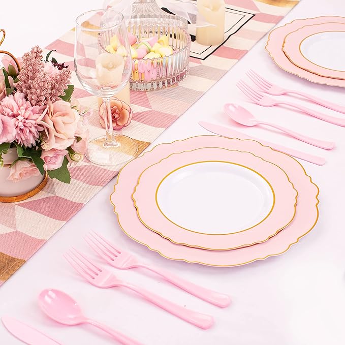 WDF 160 Piece Pink Plastic Silverware - Heavy Duty Pink Silverware Includes 80 Forks, 40 Spoons, 40 Knives, Plastic Utensils Perfect for Wedding/Party/Easter