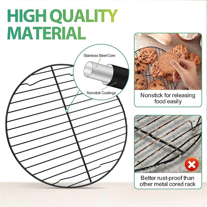 P&P CHEF 9 Inch Cooking Rack Round, Stainless Steel Round Rack for Cooking Cooling Steaming Baking, Fit Air Fryer Pot Pressure Cooker, 2 Pack -Oven Safe, Black