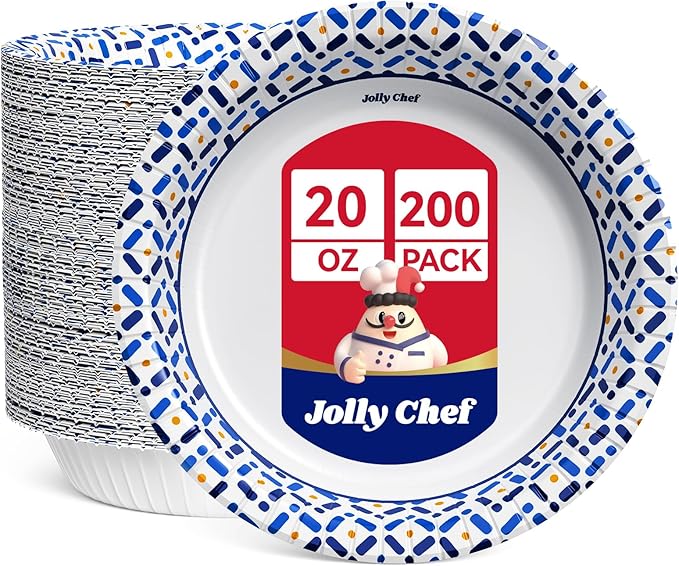 JOLLY CHEF 20 oz Paper Bowls, 200 Count Large Disposable Bowls Bulk for Breakfast, Lunch, and Dinner Perfect for Picnic, Daily use and Party
