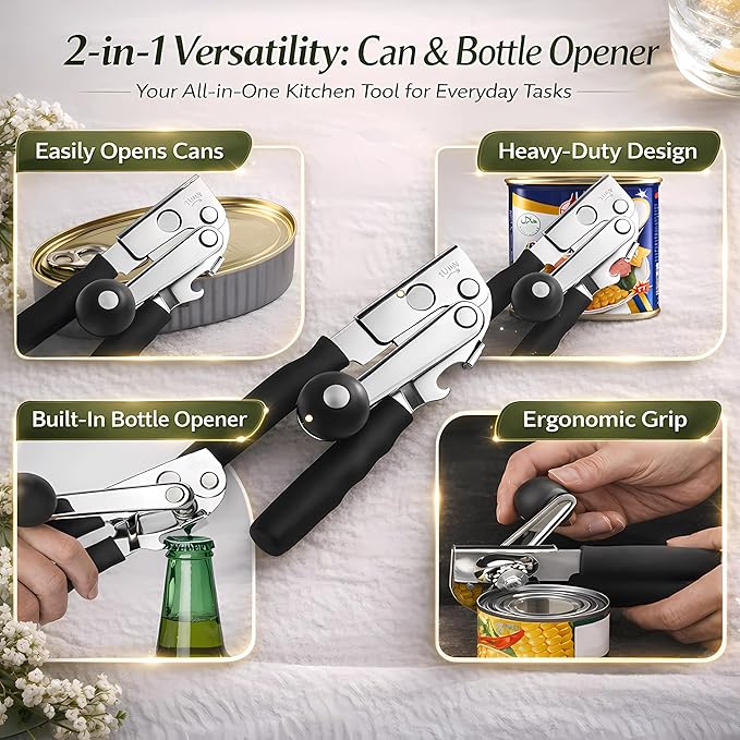 Heavy Duty Manual Can Opener for Seniors & Adults with Magnetic Lid Lifter - Easy Open Smooth Edge Safe Cut, Stainless Steel for Large Cans, Kitchen & Camping & Commercial with Bottle Opener