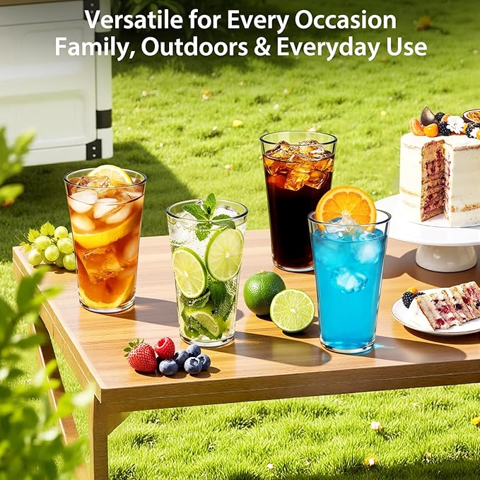 20oz Unbreakable Drinking Glasses (Set of 8), All-Clear Reusable Drinking Cups, BPA-Free, Shatter-Proof, Dishwasher & Microwave Safe, Stackable Plastic Tumblers for Home, Outdoor, Camping, Pool