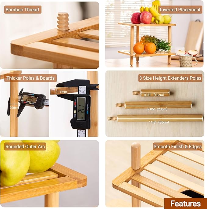 Expandable Bamboo Corner Shelf - Dish/Plate Organizer for Cabinet, Kitchen Counter Shelf & Small Kitchen Shelf, Adjustable (1, 4Tier-Large-6.7" H)