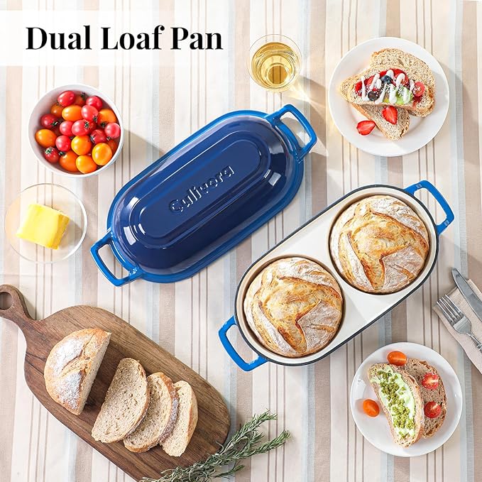 Cast Iron Bread Pan with Lid, Enamel Sourdough Baking Dutch Oven Pot, Double Round Loaf Space for Homemade, Bread, Cake, Meatloaf, 16.5cm Diameter, 500°F Oven Safe, Non Stick, Blue