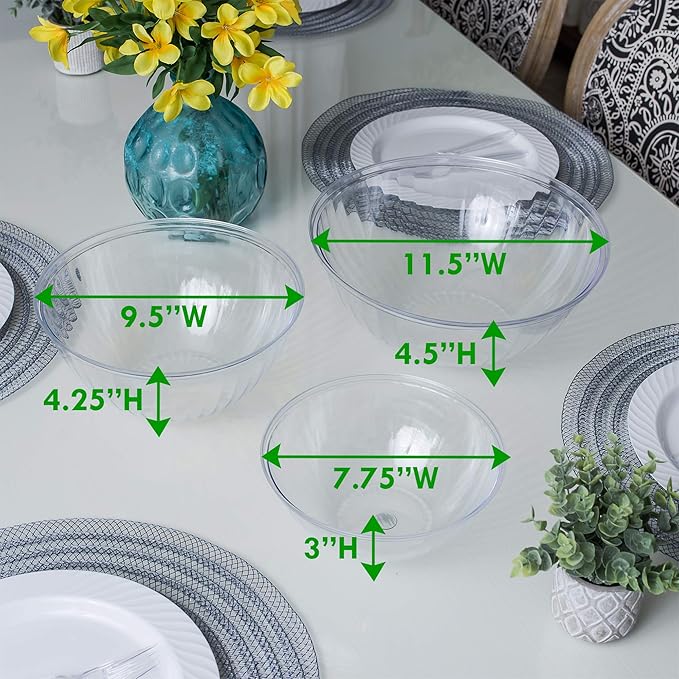 PLASTICPRO Disposable 150 Ounce Round Crystal Clear Plastic Serving Bowls, With Lids Party Snack or Salad Bowl, Chip Bowls, Snack Bowls, Candy Dish, Salad Container Pack of 4