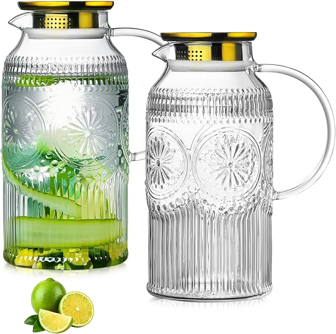 Glass Pitcher with Lid and Handle, 2 PACK 68 oz/2 Liter Vintage Embossed Sun Flower Water Pitcher, Clear Borosilicate Glass Water Carafe for Cold Brew, Iced Sun Tea,Beverage, Heat Resistant