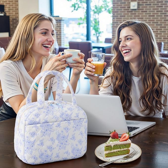 Quilted Lunch Box for Women,Coquette Aesthetic Lunch Box for Teen Girls,Cute Floral Lunch Bags for Work, School,Office,Picnic,Travel (Elegant Blue Floral)