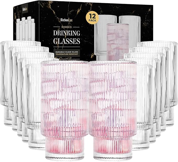 Ribbed Drinking Glasses - Ribbed Glass Cups 12 oz - Ribbed Glassware Set of 12 - Textured Vintage Retro Ripple Aesthetic Glass Ware for Whiskey Cocktail Beer Water, Coffee Bar Accessories