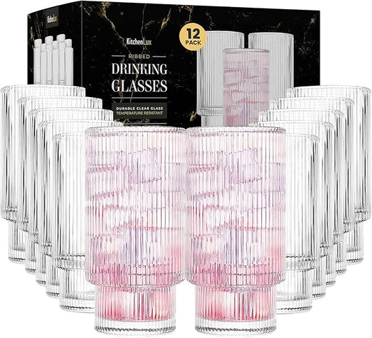 Ribbed Drinking Glasses - Ribbed Glass Cups 12 oz - Ribbed Glassware Set of 12 - Textured Vintage Retro Ripple Aesthetic Glass Ware for Whiskey Cocktail Beer Water, Coffee Bar Accessories