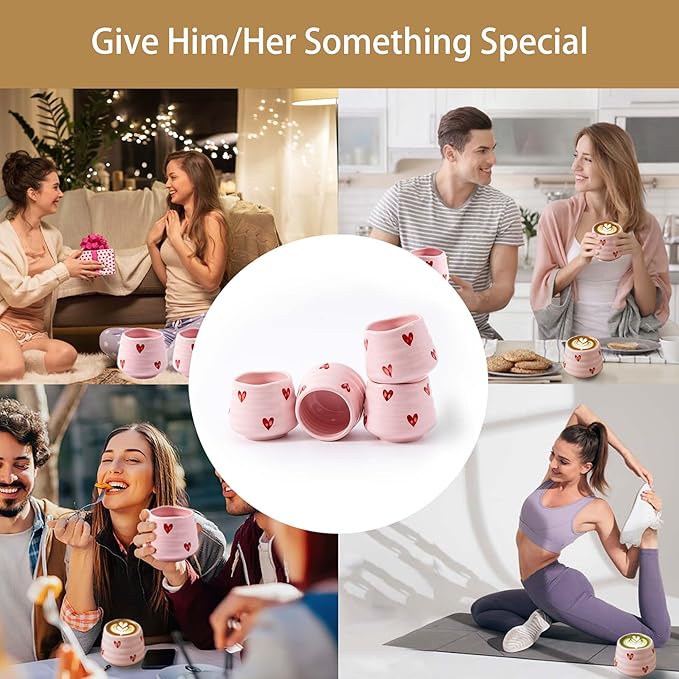 4pcs Japanese Tea Cup Set – 160ml 5.4OZ Ceramic Matcha Cup, Small Handless Espresso Cups, Cute Coffee Mugs for Girls (Pink Love)
