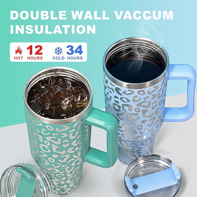 40 oz Tumbler with Handle and Straw, 100% Leak-Proof Travel Mug, Stainless Steel Double Wall Vacuum Insulated Coffee Cup Keeps Cold For 34 Hours, Cheetah