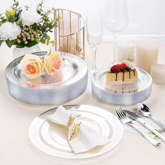 BESTSTAR 7 Inch Clear with Silver Rim Plastic Plates,100PCS Disposable Dessert/Appetizer/Small Cake Plates,Heavy Duty Plate Ideal for Wedding and Birthday Party