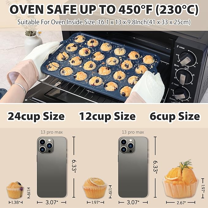 2 Pack Mini Silicone Muffin Pan with Metal Frame, Non Stick Silicone Cupcake Pan with Handles 24 Cup, BPA Free Silicon Muffin Tin Tray Small for baking, egg bites, Cupcake Mold Grey