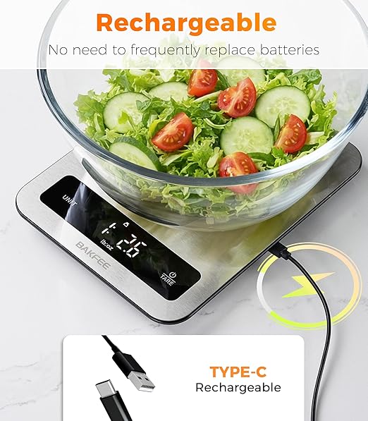 Food Scale, IP67 100% Waterproof Kitchen Scale, Type-C Rechargeable, 0.1oz/1g, 22lb/10kg, Tempered Glass & Stainless Steel Surface, Larger & Full-View Display, with 6 Units, Tare, Black