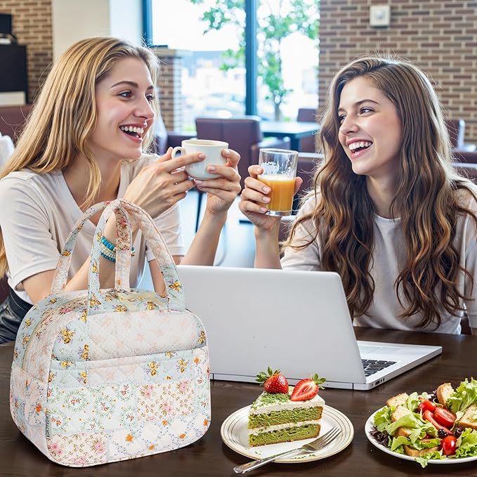 Quilted Lunch Box for Women,Coquette Aesthetic Lunch Box for Teen Girls,Cute Floral Lunch Bags for Work, School,Office,Picnic,Travel (coloful floral)