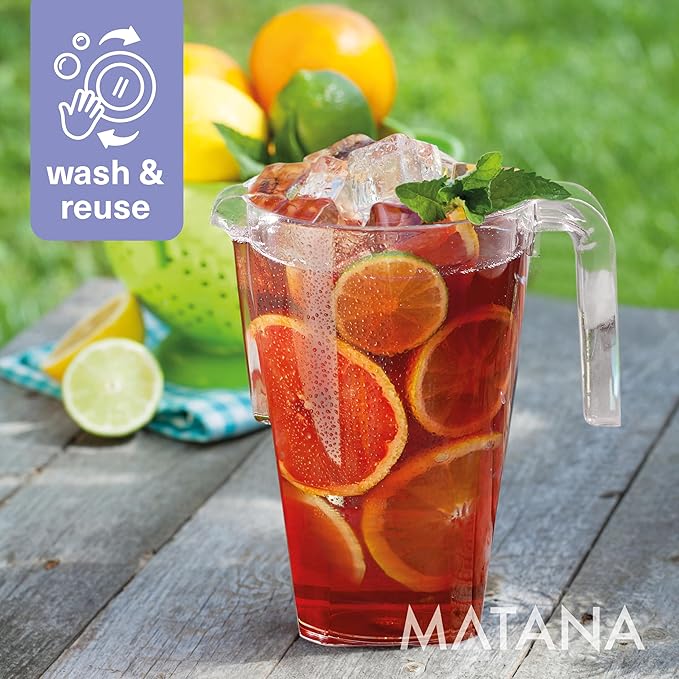 MATANA 6 Pack Clear Water Pitchers - 52 oz Plastic Beer Pitcher with Handle for Drinks, Juice, Lemonade, and Beverages - BPA-Free and Durable Iced Tea Pitcher for Fridge, Home, & Party