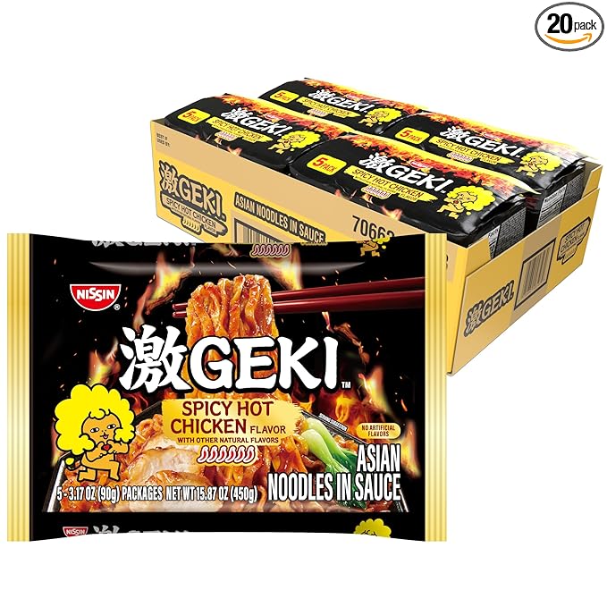 Nissin Geki Chili Infused Asian Noodles, Spicy Hot Chicken (Pack of 20)