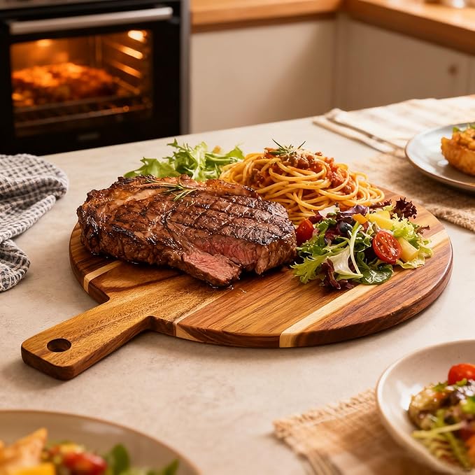 Large Acacia Wood Cutting Board with Handle 17''X13'', Charcuterie Board, Serving Board, Chopping Board for Meat, Cheese, Bread, Vegetables & Fruits (Round)