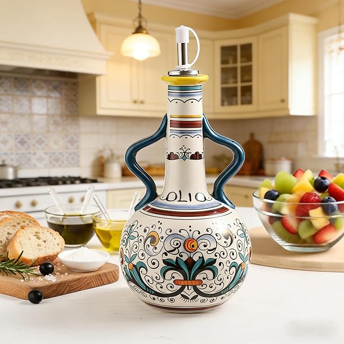 Ceramic Olive Oil Dispenser Bottle 23oz, Hand Painted Olive Oil Bottles, Decorative Stoneware Olive Oil Cruet for Kitchen with Stainless Steel Spout for Oils, Sauces, Vinegar (B)