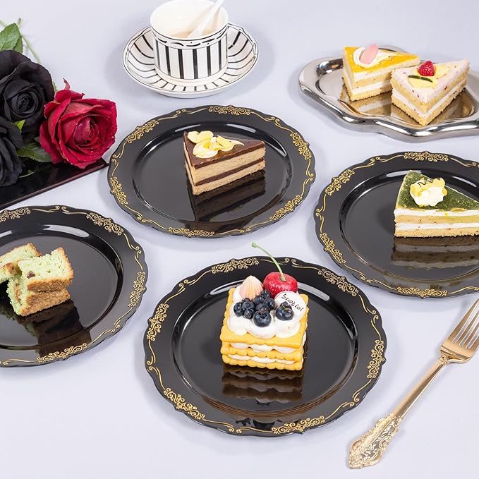 DaYammi 60PCS Black and Gold Plastic Plates, Heavy Duty Black and Gold Disposable Plates Premium 7.5 inch Dessert Cake Salad Appetizer Plate Hard Plastic Plate Disposable for Party Wedding