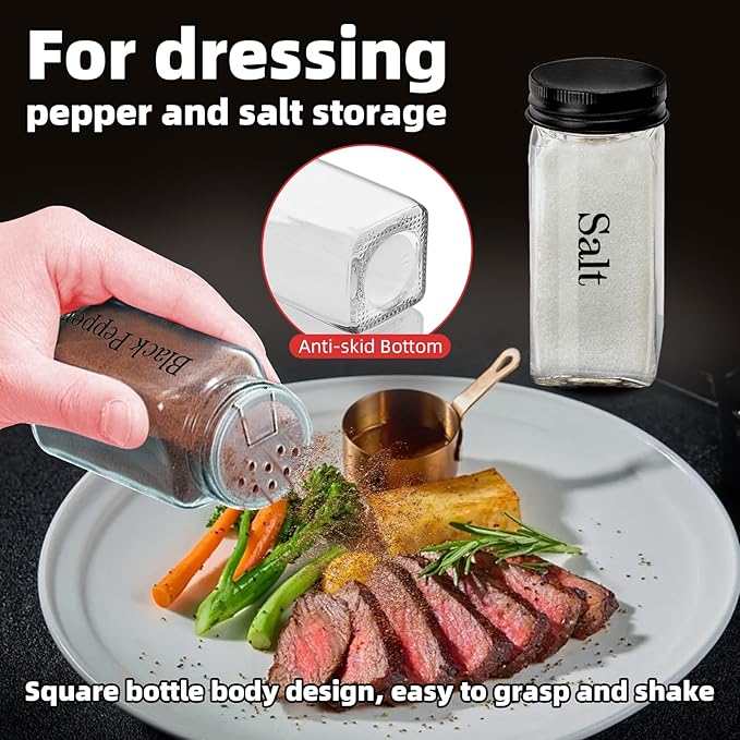 4Pcs 4 oz Square Glass Spice Jars with Label, Empty Containers with black iron Lids, Square Seasoning Containers Trial and Supplement Set, Small Seasoning Bottles for Salt, Herbs, Sugar, Pepper (4)