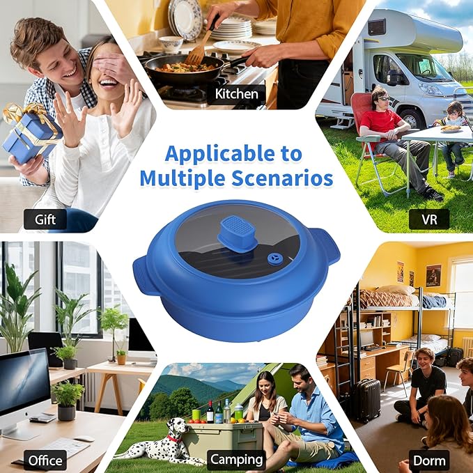 Microwave Grill Pan, Fry Griddle Crisper Pan with Lid for Grilling Browning and Crisping Foods Microwave Silicone Cookware for Baked Potato Meat Sandwich Vegetable Blue