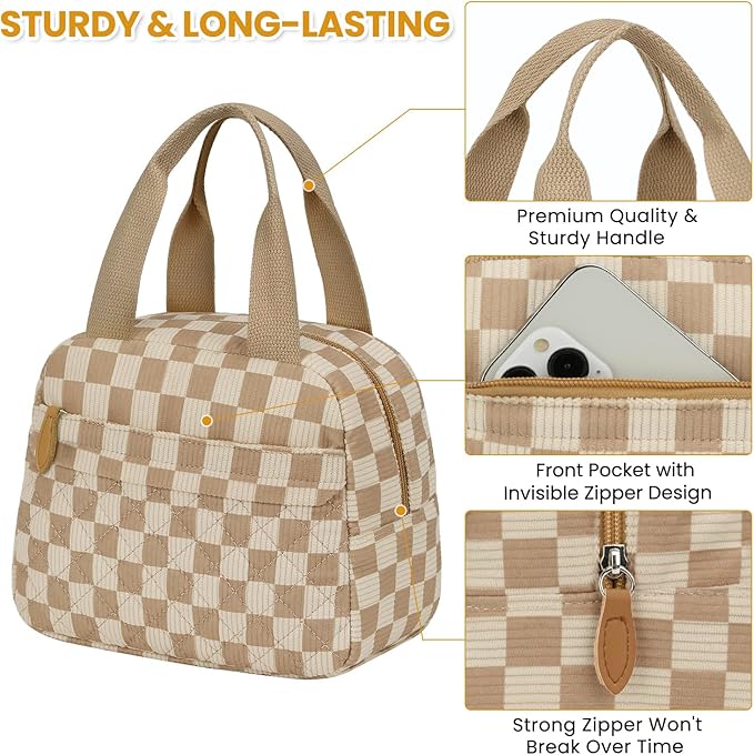 Insulated Lunch Bag for Women, Portable Lightweight Lunch Box for Adults, Reusable Small Lunch Tote Cooler Bags with Front Zipper Pocket for Work School Picnic(Corduroy Khaki Checkered)