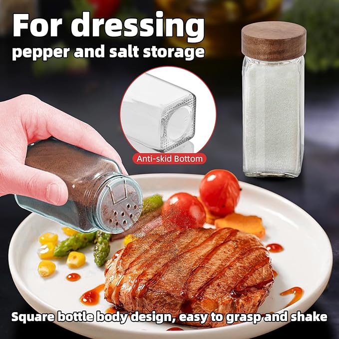 4Pcs 4oz Glass Spice Jars with Shaker Lids, Spice Jars Trial Set & Supplement Set, Empty Spice Containers and Square Spice Bottles for Kitchen (Wooden Lids)