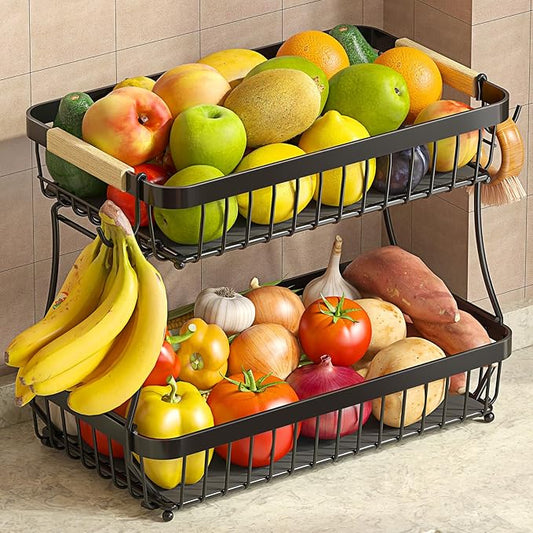 2 Tier Large Fruit Basket for Kitchen Counter with 2 Mobile Banana Hangers, 2026 Pro Detachable Metal Fruit Bowl with Wooden Handle (Black, 2 Tier Extra Large)