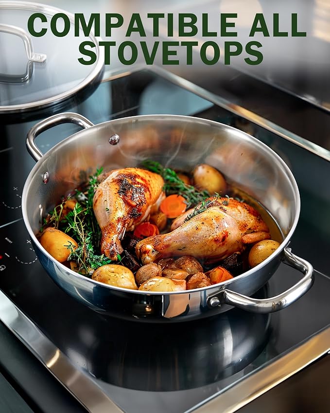 Cook N Home Stainless Steel Wok Pan with Lid, 12 inch Tri-Ply Clad Stainless Flat Bottom Wok Stir Fry Pan, Dishwasher and Oven-Safe, Compatible with All Cooktops