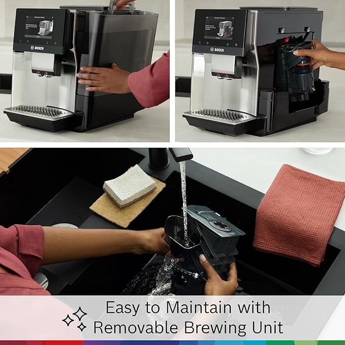 Bosch Fully Automatic Coffee and Espresso Machine - 36 Drinks, Double Cup Barista Style Super Coffee Maker - Touchscreen, Large Bean Capacity - Easy Clean, Maintenance - Stainless Steel - TQU60703