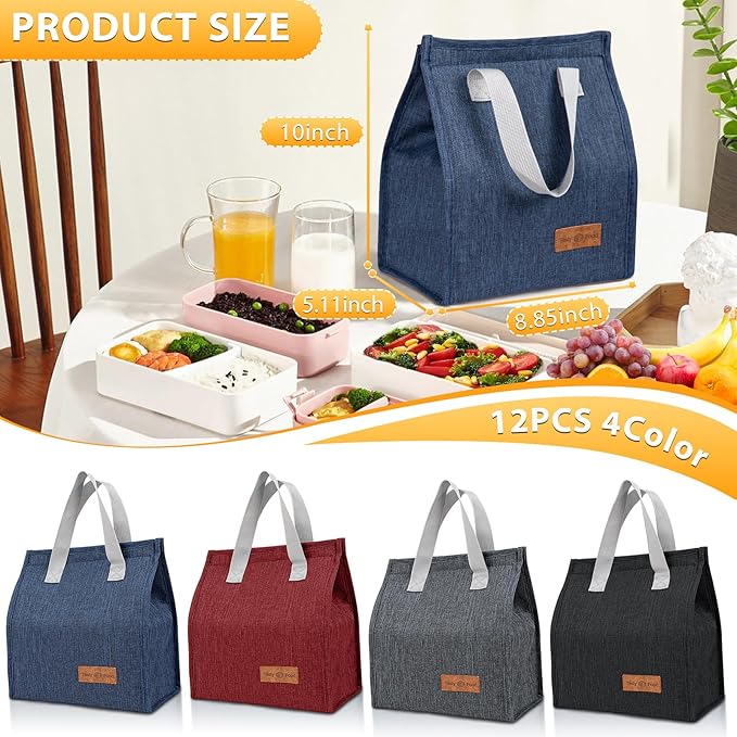 12 Pack Lunch Bags Bulk,Insulated Reusable Lunch Bags with Aluminum for Women Men,Leakproof Tote Large Lunch Box for Office,Work,Beach or Travel(Red)