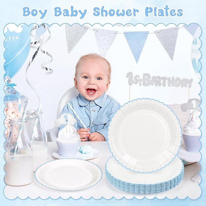30 Pcs Blue and White Paper Plates, 9 Inch Baby Shower White Dinner Plates, Baby Blue Scalloped Paper Plates Party Supplies for Baby boy Shower, Wedding, Birthday, Bridal Shower