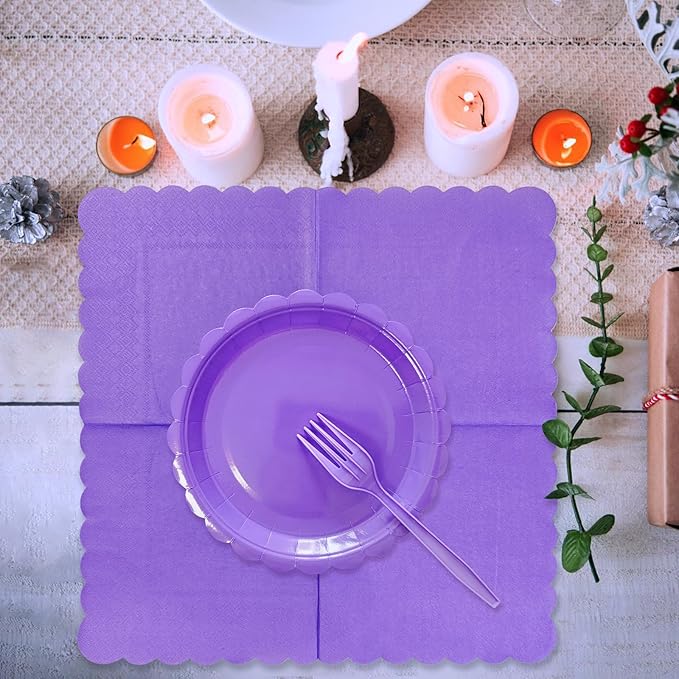 Lavender Paper Plates and Napkins,7 Inch Light Purple Scalloped Disposable Dessert Plates Paper Napkin Fork Party Supplies for Wedding Baby Shower Birthday(25 Guest)
