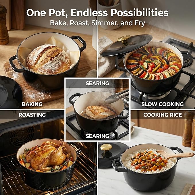 5.5QT Enamel Cast Iron Dutch Oven with Lid,Dual Handles,Versatile Heavy-Duty Non-toxic Cookware for Sourdough Bread Baking,Braising,Stews,Roasting,Oven Safe up to 500°F black