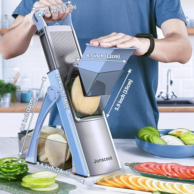 All-in-1 Update Safe Mandoline Slicer for Kitchen, Food Chopper with Container, Thickness Adjustable Vegetable Chopper, Potato French Fry Cutter Tomato Apple Slicer Onion (Blue)