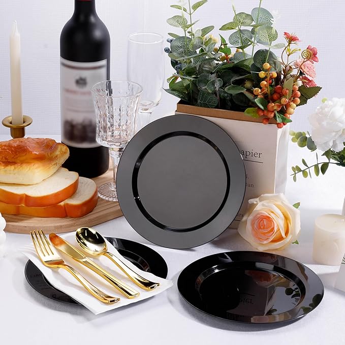 100PCS Black Plastic Dessert Plates 7inch, Premium Hard Disposable Plates for Party, Wedding
